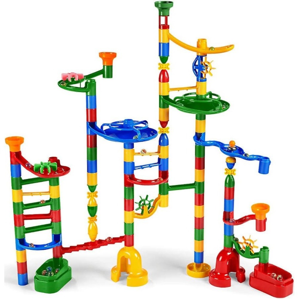 Kids Marble Run Construction Set Bulk Lot with Glass Marbles and Storage Bag